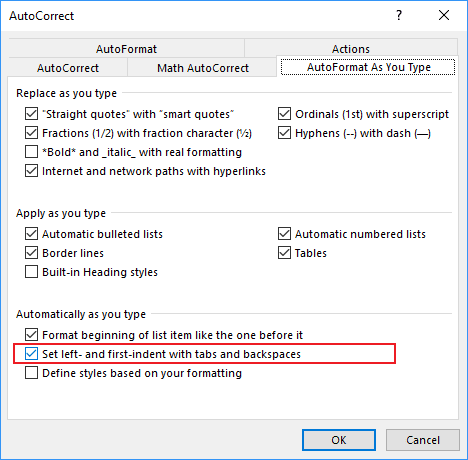 AutoFormat As You Type in Word Options 2016