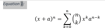 A caption and an equation in Word 2016