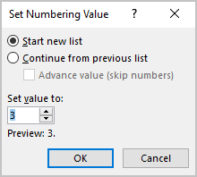 Set Numbering Value dialog box in Word 365