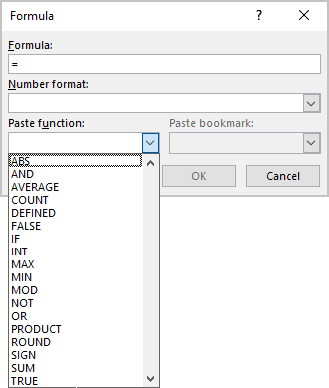 Functions in Formula dialog box Word 2016