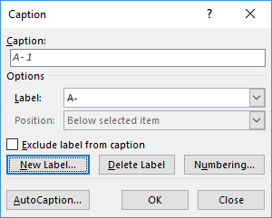 The New Label button in the Caption dialog box in Word 2016