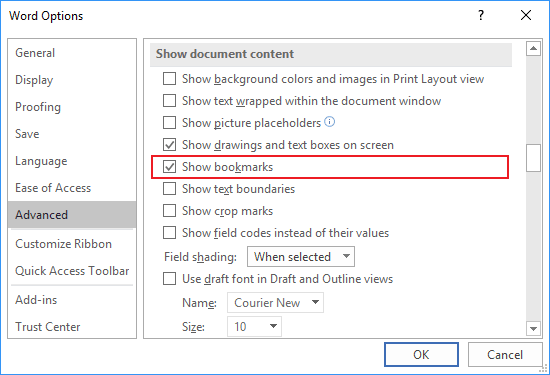 Advanced tab in Word Options 2016