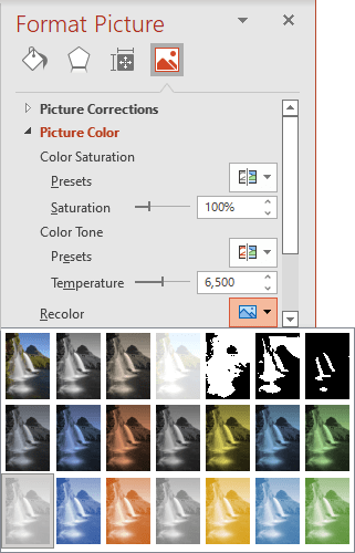 Recolor on the Format Picture pane PowerPoint 365