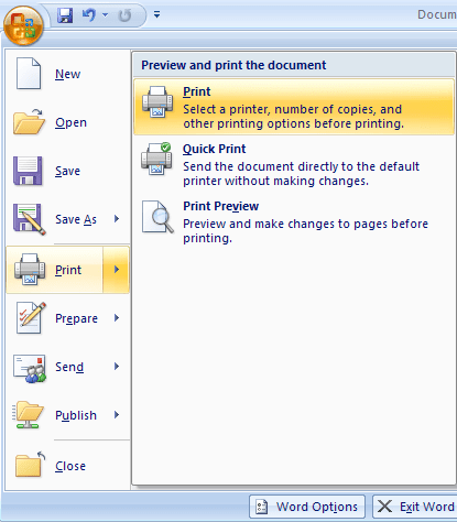 Print menu in Word 2007