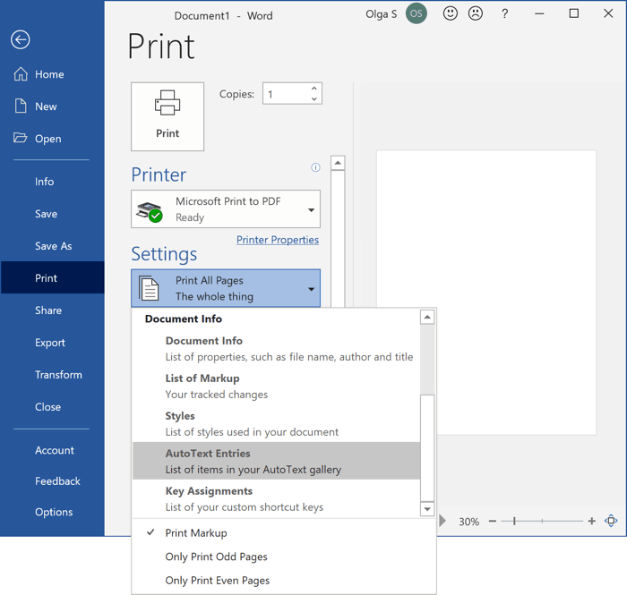 Print AutoText entries in Word 365