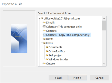 Select folder to export from in Outlook 2016