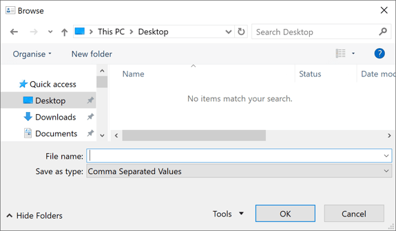 Browse dialog box in Outlook 2016