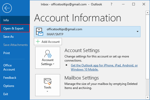 Open and Export in Outlook 365