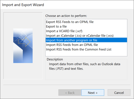 Import and Export Wizard in Outlook 2016