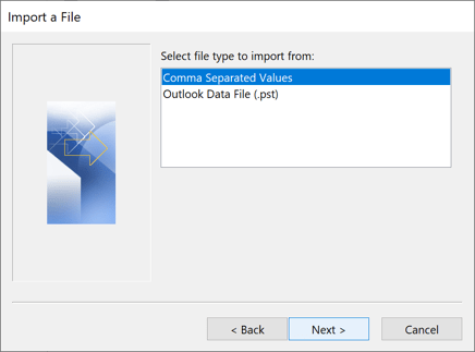 Select file type to import from in Outlook 2016