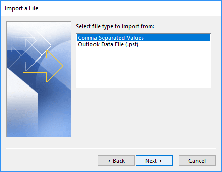 Select file type to import from in Outlook 365