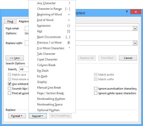 Find and Replace more options in Word 2013
