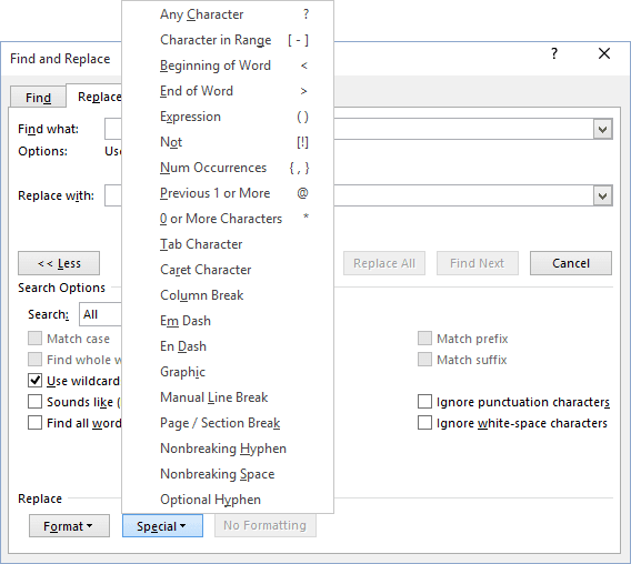 Find and Replace more options in Word 2016