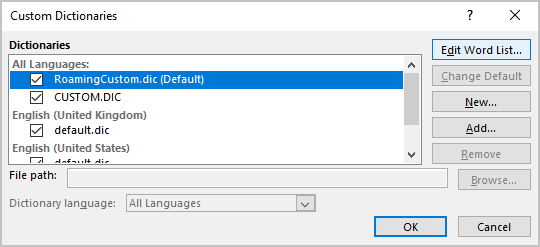 Custom Dictionaries dialog box in Word for Microsoft 365