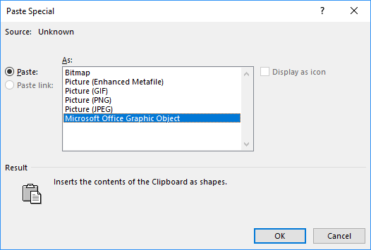 Paste Special dialog box in Word 2016