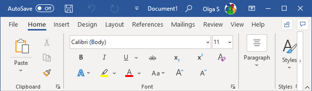 The Ribbon display in Touch Mode in Word 365