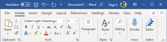 The Ribbon display in Mouse Mode in Word 365