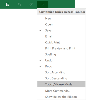 Touch/Mouse Mode command in Excel 2016