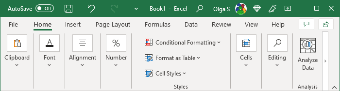 The Ribbon display in Touch Mode in Excel 365
