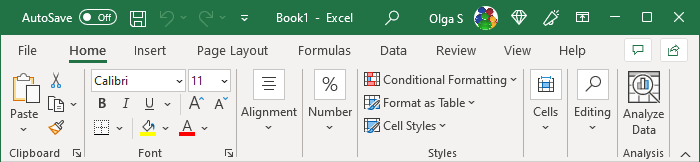The Ribbon display in Mouse Mode in Excel 365