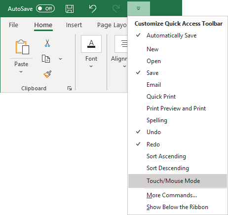 Touch/Mouse Mode command in Excel 365