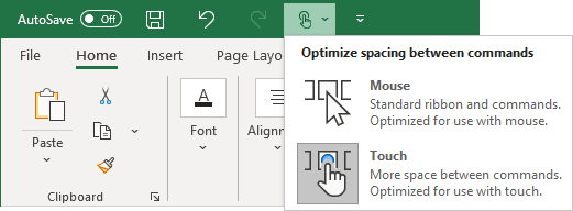 Touch/Mouse Mode command in Excel 365