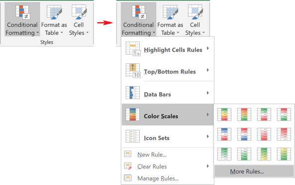 Color Scales of Conditional Formatting in Excel 2016