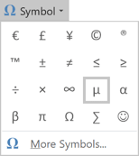 Micro sign, mu letter or mew letter in Symbols Word 2016