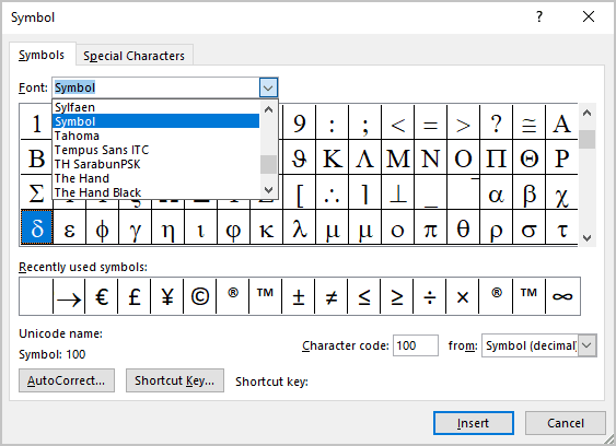 Symbol font in Symbols Word 2016