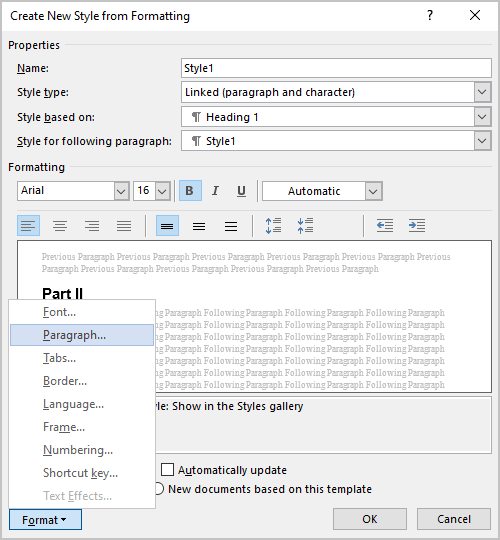 Create New Style from Formatting dialog box in Word 2016