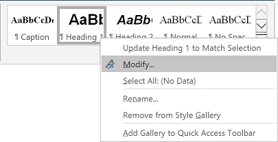 Modify Heading 1 in the Styles Gallery Word 2016