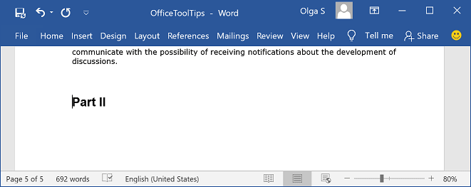 New part of a document in Word 2016