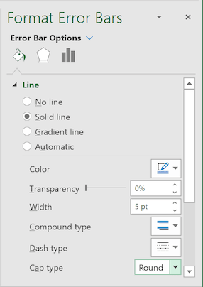 Fill & Line in Format Error Bars pane Excel 2016