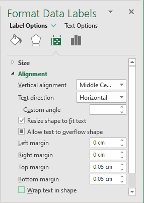 Size and Properties in Format Labels Excel 2016