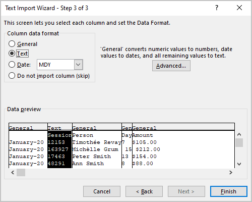 Text Import Wizard – Step 3 of 3 dialog box in Excel 365