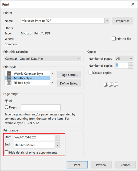 Print Options in Outlook 2016