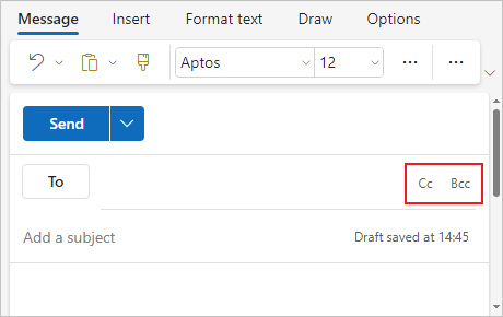 Cc and Bcc fields in Outlook for Web message