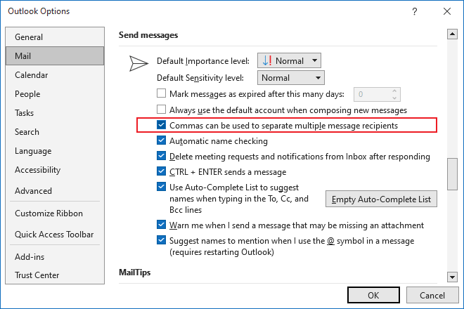 Commas as separators in Outlook 365 Options
