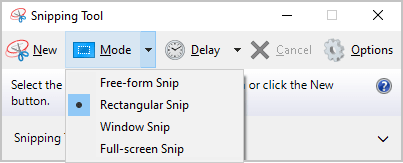 Snipping Tool modes in Windows 10