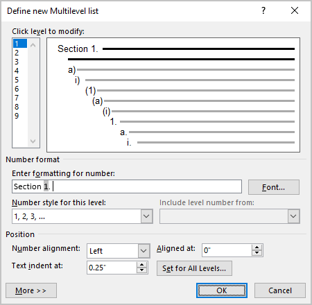 Example of Enter formatting for number in Word 365