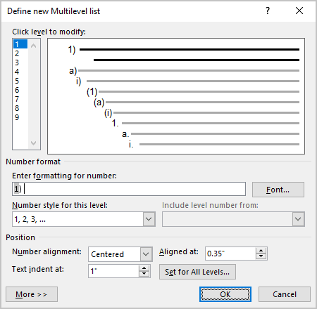 Example of Position controls in Word 365