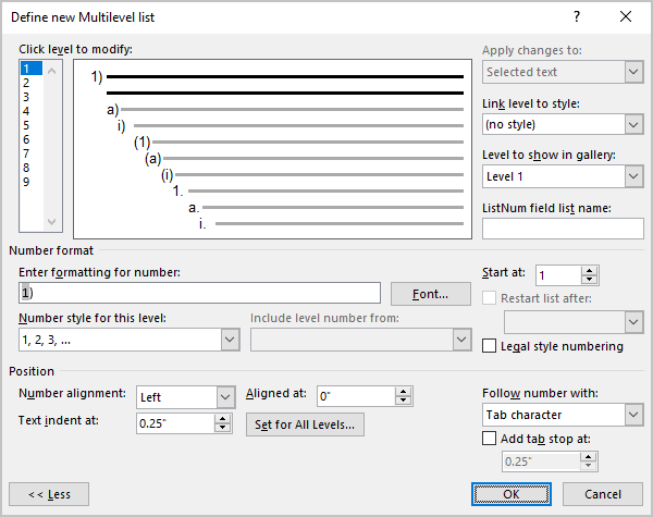 Example of The additional options for the multilevel list in Word 365