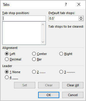 Tabs dialog box in Word 365