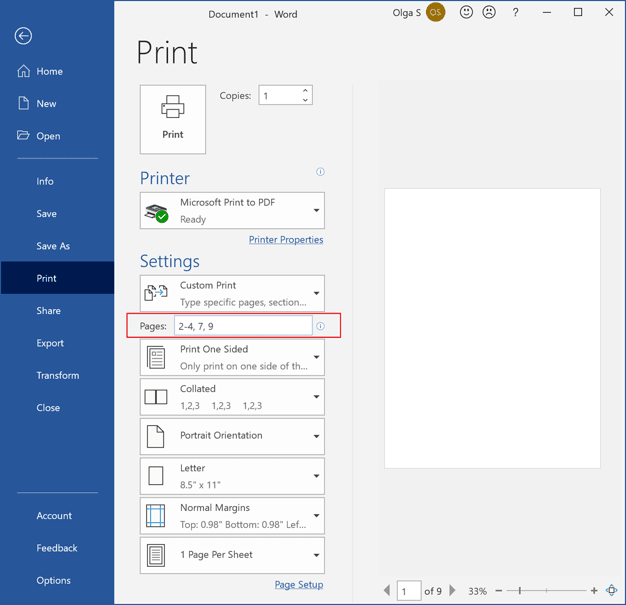 Print only some pages in Word 365