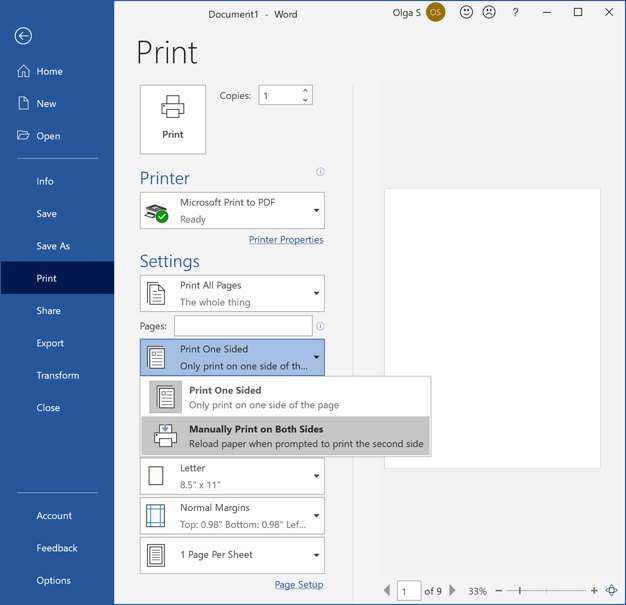 Manually Print on Both Sides in Word 365
