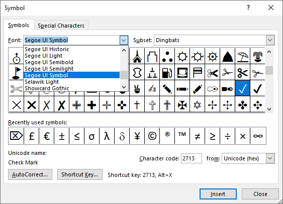 Tick mark in Segoe UI Symbol font in Word 2016