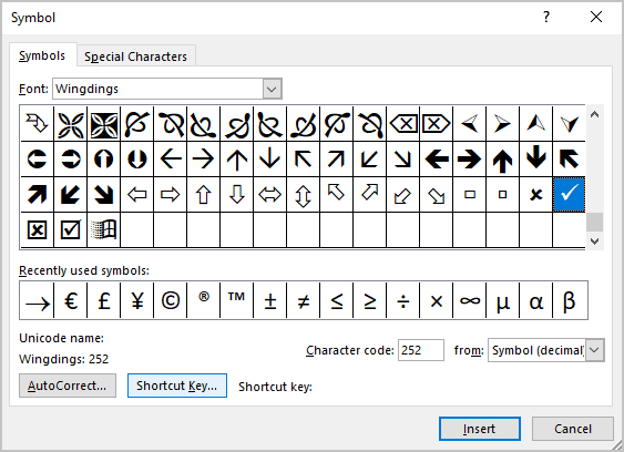 Shortcut Key button in Symbol Word 365