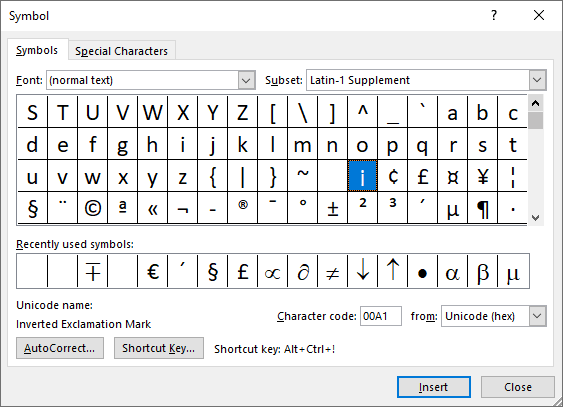 Inverted exclamation mark in Symbols Word 2016