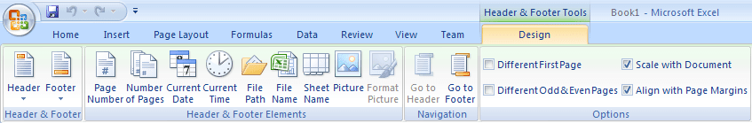 Header and Footer Tools in Excel 2007