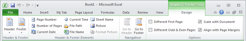 Header and Footer Tools Excel 2010